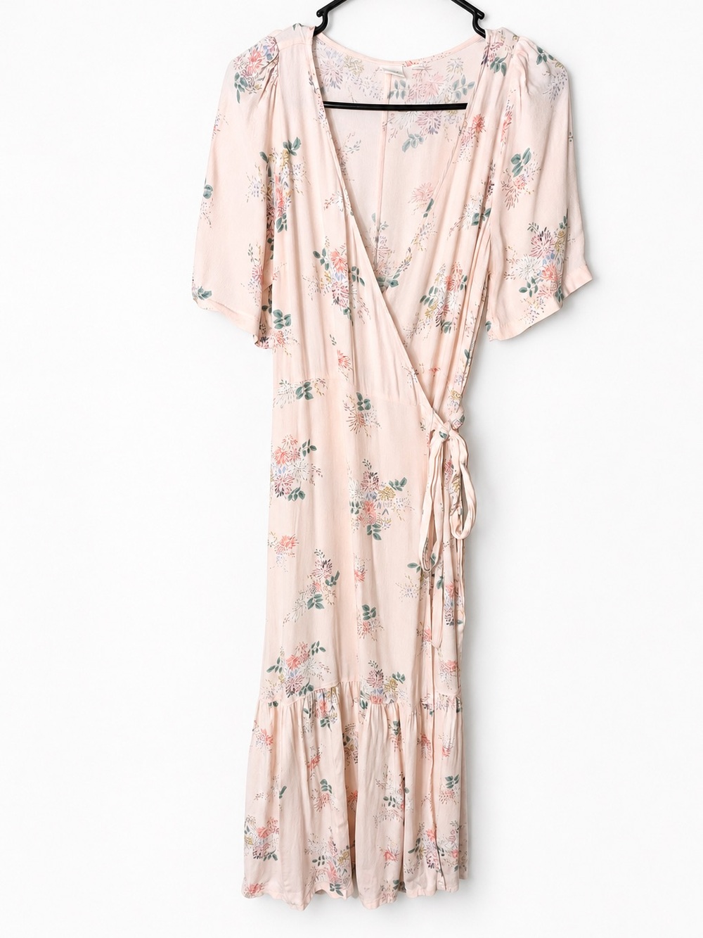 GAP Floral Faux Wrap Midi Dress Pink Short Sleeve Tie Waist Women’s Small